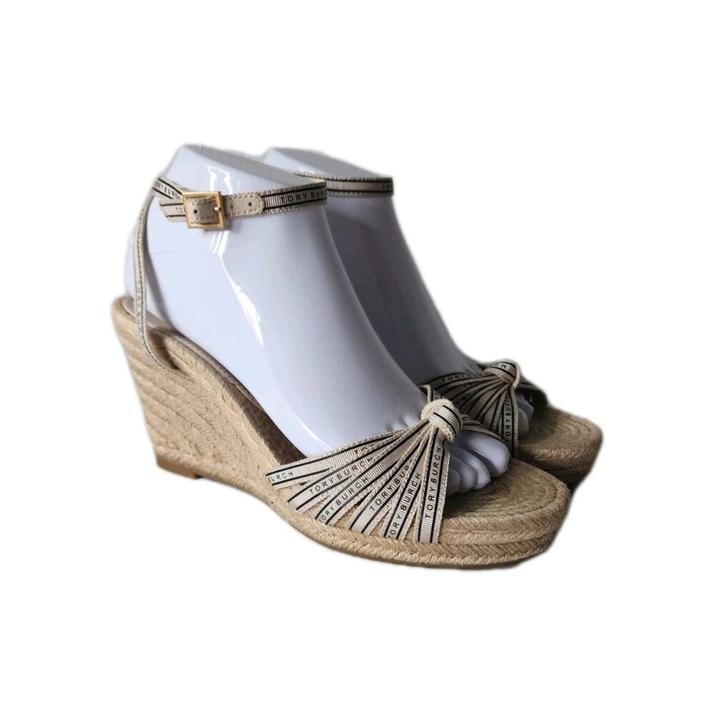 Tory Burch Beige Logo Strappy Ribbon Wedge Espadrille Sandals Heels Sz 7.5/8 - Picture 3 of 10